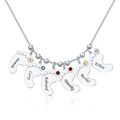 Collier de nom de pendentifs en forme de pieds de bébé personnalisé en argent avec pierres de naissance