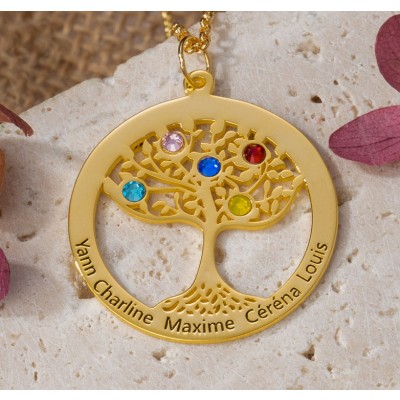 Collier personnalisé arbre de vie avec pierre de naissance, cadeau pour femme, cadeau de Noël pour maman, grand-mère, épouse