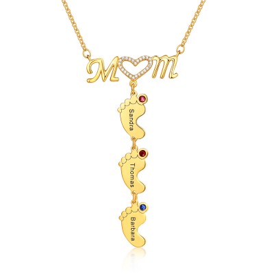 Collier personnalisé de nom de pendentifs en forme de pieds de bébé 1-8 avec cadeau de pierres de naissance pour maman