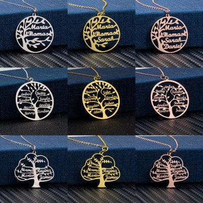 Collier de famille arbre généalogique personnalisé gravé avec 1-9 noms cadeau de Noël pour elle