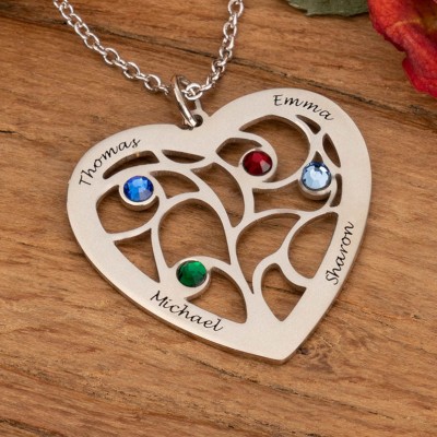 Collier arbre généalogique coeur personnalisé avec pierre de naissance 1-7, collier personnalisé pour maman, pour elle