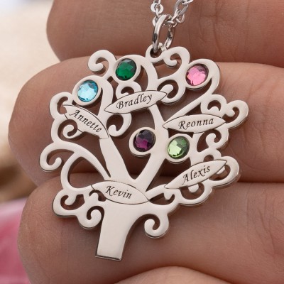 Collier de famille arbre de vie personnalisé gravé avec noms et pierres de naissance cadeau de fête des mères pour maman grand-mère cadeau pour femme