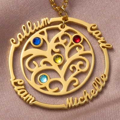 Collier personnalisé de pierre de naissance d'arbre généalogique gravé avec des noms cadeau pour les femmes cadeau d'anniversaire de maman pour la femme