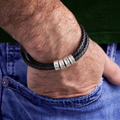 Bracelet papa en cuir réglable fait main personnalisé avec cadeau de perles d'argent pour la fête des pères