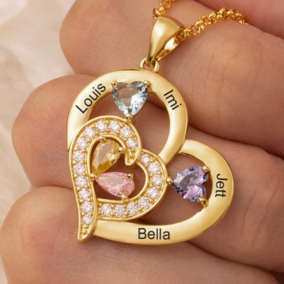 Collier de nom de coeur personnalisé avec cadeau d'amour de pierre de naissance pour le cadeau d'anniversaire de collier de famille de maman