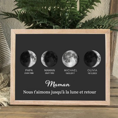 Panneau à cadre en bois avec Phase de lune familiale personnalisée, cadeaux souvenirs, idées de cadeaux pour la fête des mères