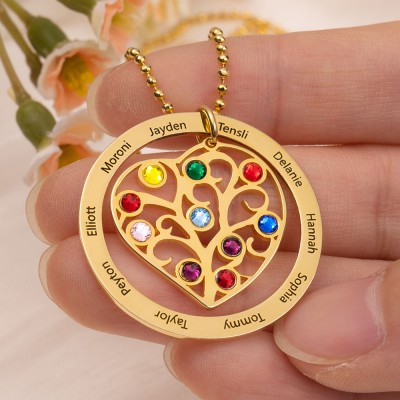 Collier personnalisé de pierre de naissance d'arbre généalogique en filigrane gravé avec des noms cadeau d'anniversaire pour le cadeau d'anniversaire de maman pour elle