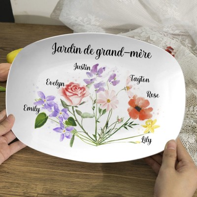 Plateau de bouquet de fleurs de mois de naissance de famille personnalisé avec des noms de famille cadeau unique pour grand-mère maman