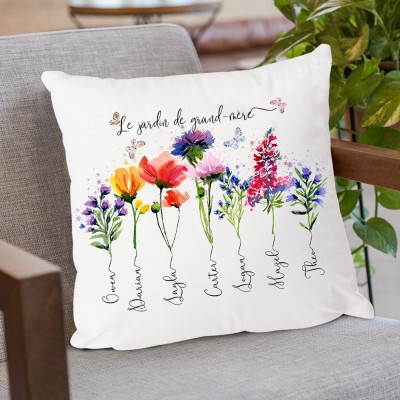 Oreiller personnalisé en forme de fleur du mois de naissance du jardin de grand-mère avec noms, idées cadeaux pour grand-mère et maman