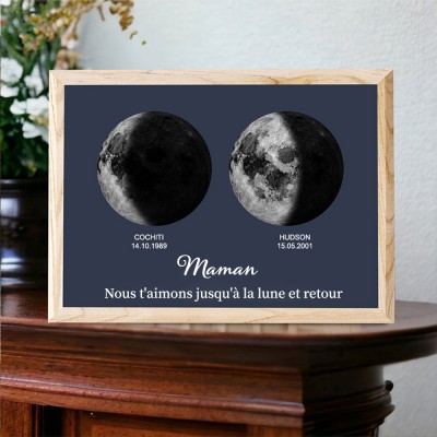 Maman, nous t'aimons jusqu'à la lune et au dos, cadre imprimé personnalisé avec phases de lune, idées cadeaux pour la fête des mères