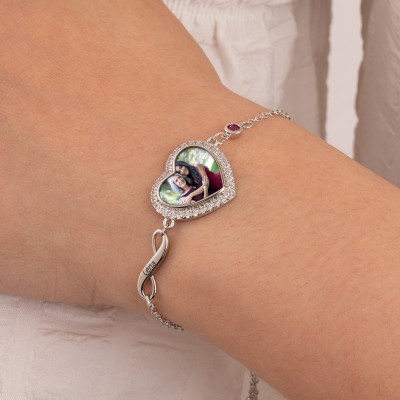 Bracelet personnalisé de nom de photo d'infini avec le cadeau d'amour de pierre de naissance pour son cadeau pour le cadeau d'anniversaire de maman