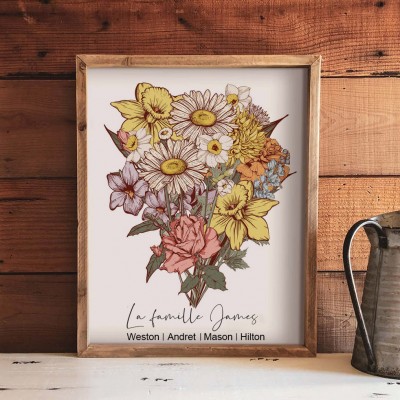 Cadre de bouquet de fleurs de naissance de jardin de grand-mère personnalisé, cadeaux de Noël pour grand-mère et maman