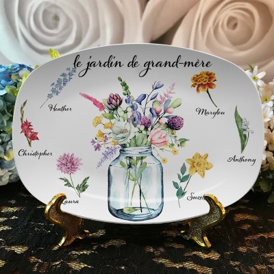 Plateau de fleurs personnalisé du mois de naissance du jardin de grand-mère avec noms d'enfants, cadeau de Noël pour grand-mère maman