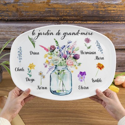 Plateau de fleurs personnalisé du mois de naissance du jardin de grand-mère avec noms d'enfants, cadeau de Noël pour grand-mère maman