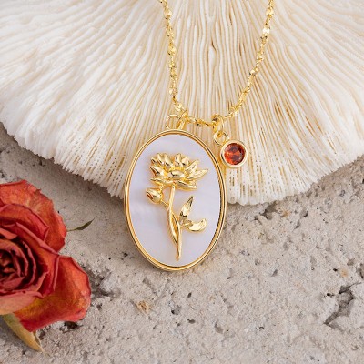 Collier en or avec coquille de mère de fleur de mois de naissance personnalisé avec cadeau de pierre de naissance pour maman, grand-mère