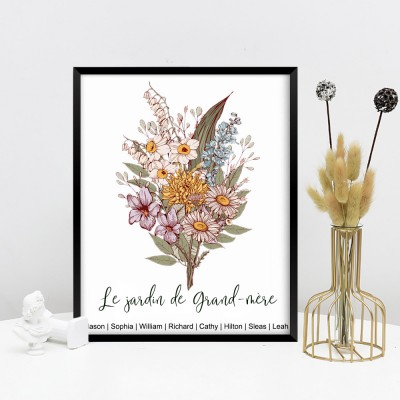 Cadre d'impression d'art de bouquet de fleurs de mois de naissance de jardin de grand-mère personnalisé avec des noms de petits-enfants cadeaux de Noël