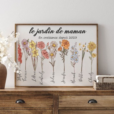 Cadre floral personnalisé du mois de naissance du jardin de grand-mère avec noms de petits-enfants, idées de cadeaux de Noël pour grand-mère maman