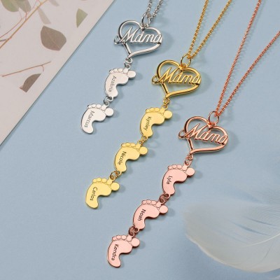 Collier maman personnalisé plaqué or 18 carats avec pendentifs 1-10 pieds de bébé