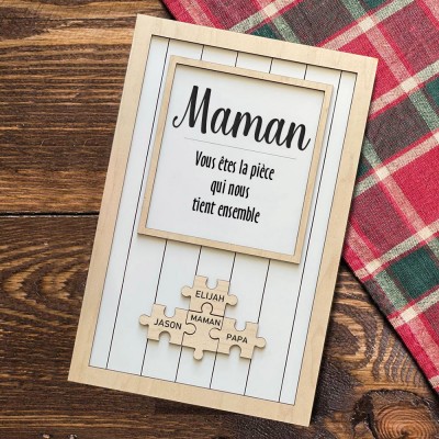 Maman tu es la pièce qui nous tient ensemble Pièces de puzzle personnalisées Signe de nom Cadeau d'amour pour grand-mère maman