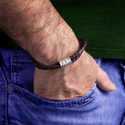 Bracelet papa en cuir réglable fait main personnalisé avec cadeau de perles d'argent pour la fête des pères