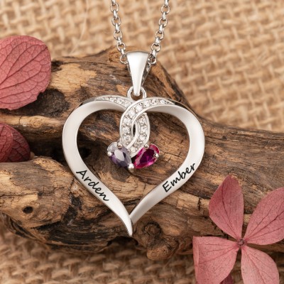 Collier personnalisé de pierre de naissance de double nom en forme de coeur pour le cadeau de jour de la Saint-Valentin de couple pour la femme d'amie