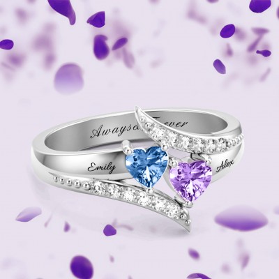 Bague de promesse personnalisée en argent sterling à double cœur avec pierre de naissance S925 pour elle