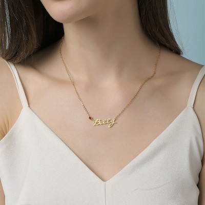 Collier prénom personnalisé plaqué or 18 carats avec pierre de naissance pour elle