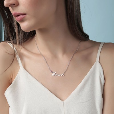 Collier Prénom Personnalisé en Argent avec Pierre de Naissance pour Elle