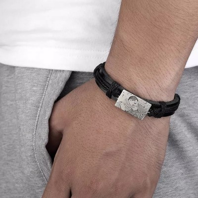 Bracelet en cuir noir avec étiquette gravée photo rectangle pour homme