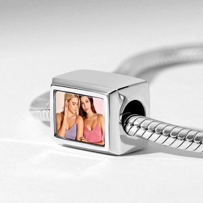 Charm Photo Gravé Forme Cuboïde Argent