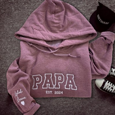 Sweat-shirt à capuche brodé papa personnalisé avec noms de petits-enfants sur la manche, idées cadeaux pour la fête des pères