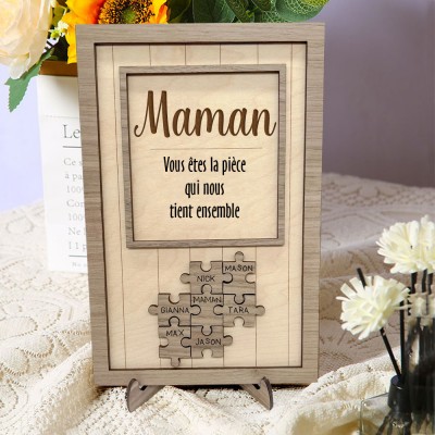 Maman tu es la pièce qui nous tient ensemble Pièces de puzzle personnalisées Signe de nom Cadeau d'amour pour grand-mère maman