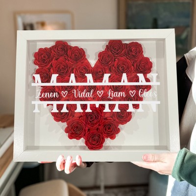 Boîte d'ombre à fleurs monogramme en forme de cœur pour maman, personnalisée, avec noms d'enfants, cadeaux de fête des mères