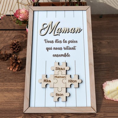 Maman personnalisée, vous êtes les pièces qui nous tiennent ensemble, pièces de puzzle, signe avec des noms, idées cadeaux pour la fête des mères