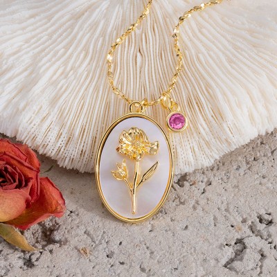 Collier en or avec coquille de mère de fleur de mois de naissance personnalisé avec cadeau de pierre de naissance pour maman, grand-mère