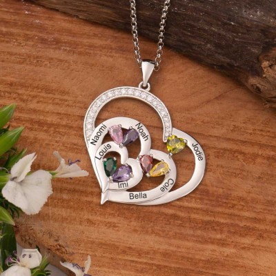 Collier de nom de coeur personnalisé avec cadeau d'amour de pierre de naissance pour le cadeau d'anniversaire de collier de famille de maman