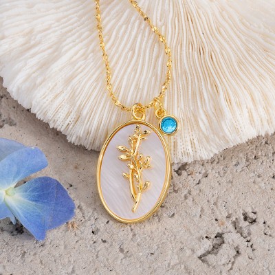 Collier en or avec coquille de mère de fleur de mois de naissance personnalisé avec cadeau de pierre de naissance pour maman, grand-mère