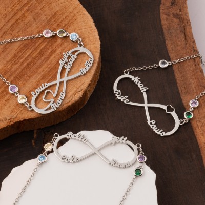 Collier Prénom Infinity avec Pierres de Naissance Collier de Famille Personnalisé Cadeau pour Son Nouveau Cadeau de Maman