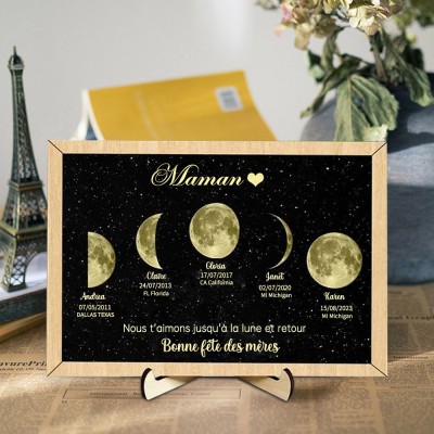 Cadeau personnalisé de famille de cadre en bois d’impression de phase de lune de maman pour des idées de cadeau de fête des mères de maman