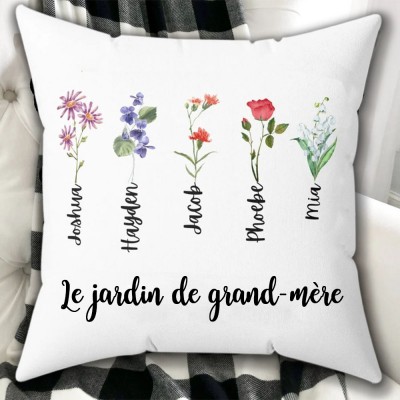 Oreiller Nana Fleur de Mois de Naissance Personnalisé avec Noms d'Enfants Cadeau de Fête des Mères