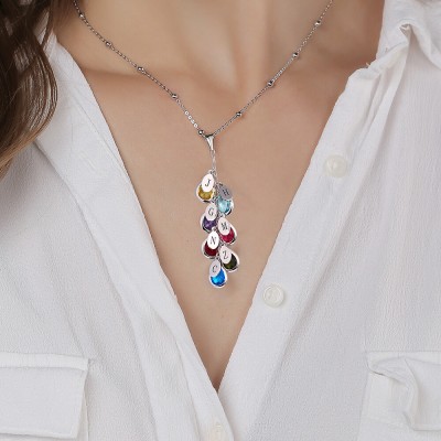 Collier de goutte de pierre de naissance personnalisé en argent sterling 925 pour elle avec 1-8 pendentifs