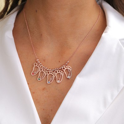 Placage en or rose 18 carats personnalisé 1-10 pieds de bébé forme pendentifs nom collier avec pierres de naissance collier de mère