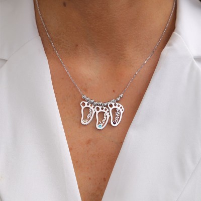 Argent personnalisé 1-10 pieds de bébé forme pendentifs nom collier avec pierres de naissance collier de mère