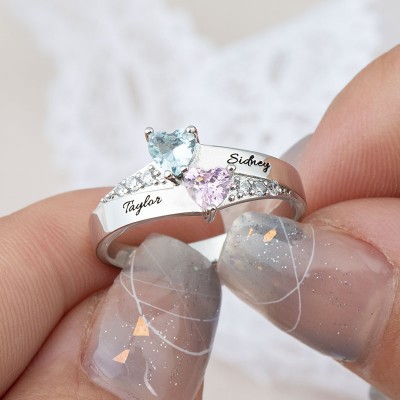 S925 Sterling Silver Personalized S925 Silver Engraved Heart-Shaped Birthstones Ring with 1-8 Names For Mom