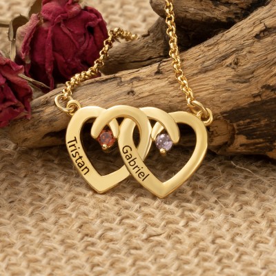 Collier personnalisé avec pierre de naissance Double cœur avec noms, collier de Couple, cadeau d'anniversaire, cadeau d'anniversaire