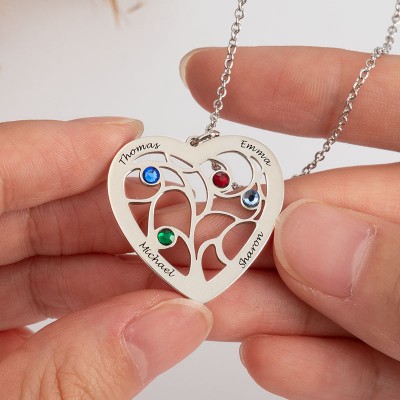 Collier arbre généalogique coeur personnalisé avec pierre de naissance 1-7, collier personnalisé pour maman, pour elle