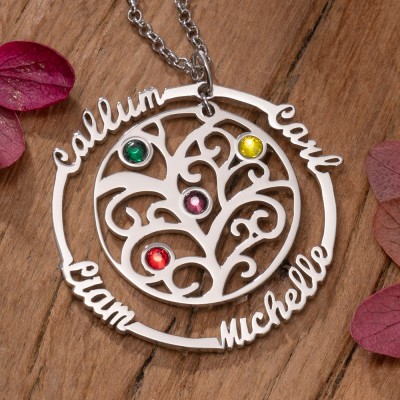 Collier personnalisé de pierre de naissance d'arbre généalogique gravé avec des noms cadeau pour les femmes cadeau d'anniversaire de maman pour la femme