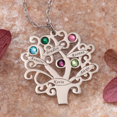 Collier de famille arbre de vie personnalisé gravé avec noms et pierres de naissance cadeau de fête des mères pour maman grand-mère cadeau pour femme