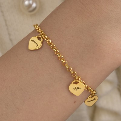 Bracelet à breloques coeur personnalisé gravé avec des noms cadeau pour son cadeau de fête des mères