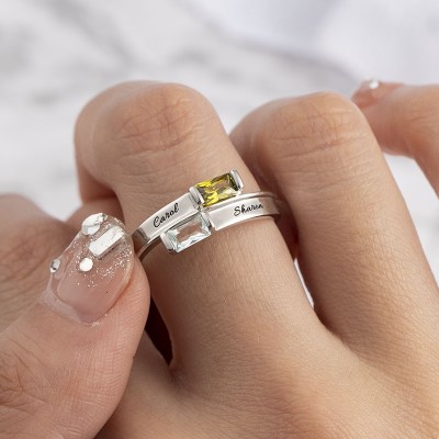 Bague de promesse de contournement à double baguette en argent sterling S925 pour elle avec gravure